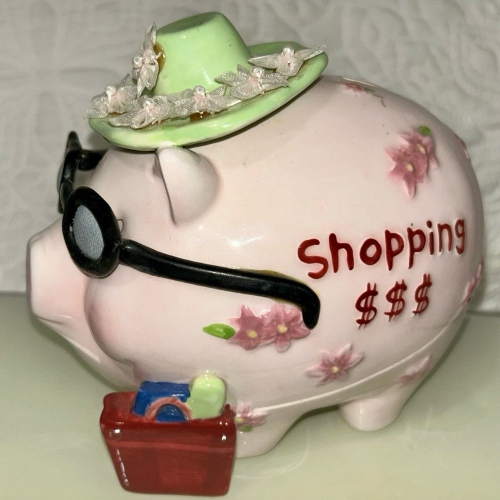Cute Pink 'Shopping' Piggy Bank with Hat and Sunglasses Ganz